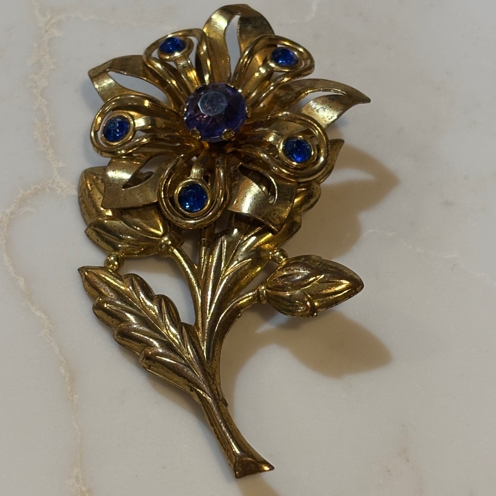 Vintage Gold Tone Flower Brooch Blue Rhinestones Floral Pin Estate Jewelry
